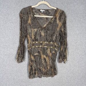 Vintage 90s Crinkle Babydoll Top Medium Animal Velvet Trim Beaded Fairy Grunge